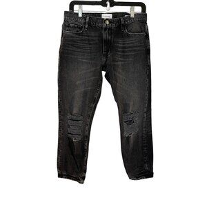 FRAME‎ Le Garcon Crop Jeans Dark Wash Black Deconstruct Distressed Size 24